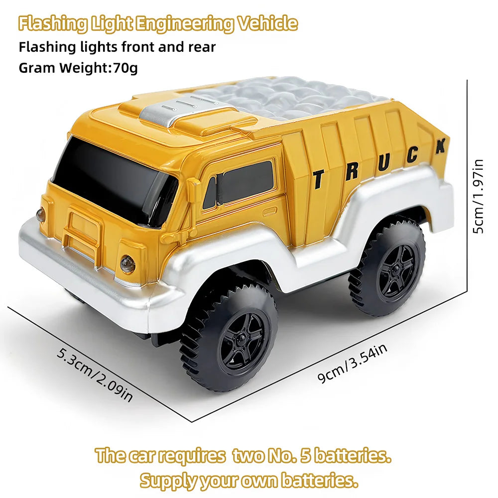 A yellow truck-shaped flashing light engineering vehicle toy with white accents and black tires.