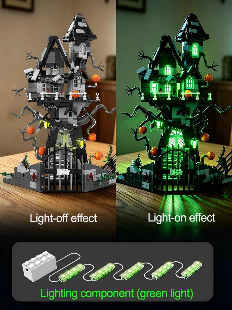 A spooky Halloween castle kit built from dark gray and black blocks, showing both light-off and light-on effects.