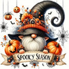 A whimsical gnome illustration featuring a long white beard and a witch's hat surrounded by autumn pumpkins and spooky elemen