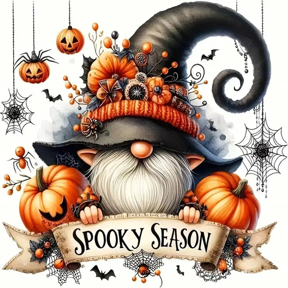 A whimsical gnome illustration featuring a long white beard and a witch's hat surrounded by autumn pumpkins and spooky elemen