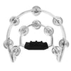 A silver double-layer tambourine with metal bells for kids, featuring a black paddle.