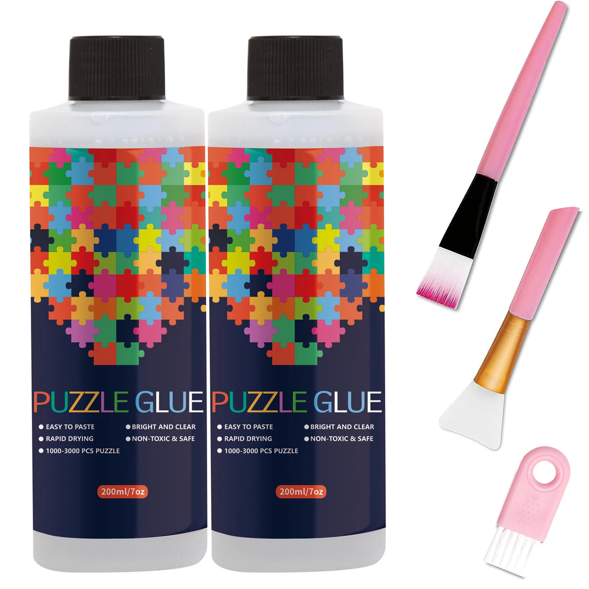 Two bottles of puzzle glue with a pink sponge applicator and a white spatula shown side by side