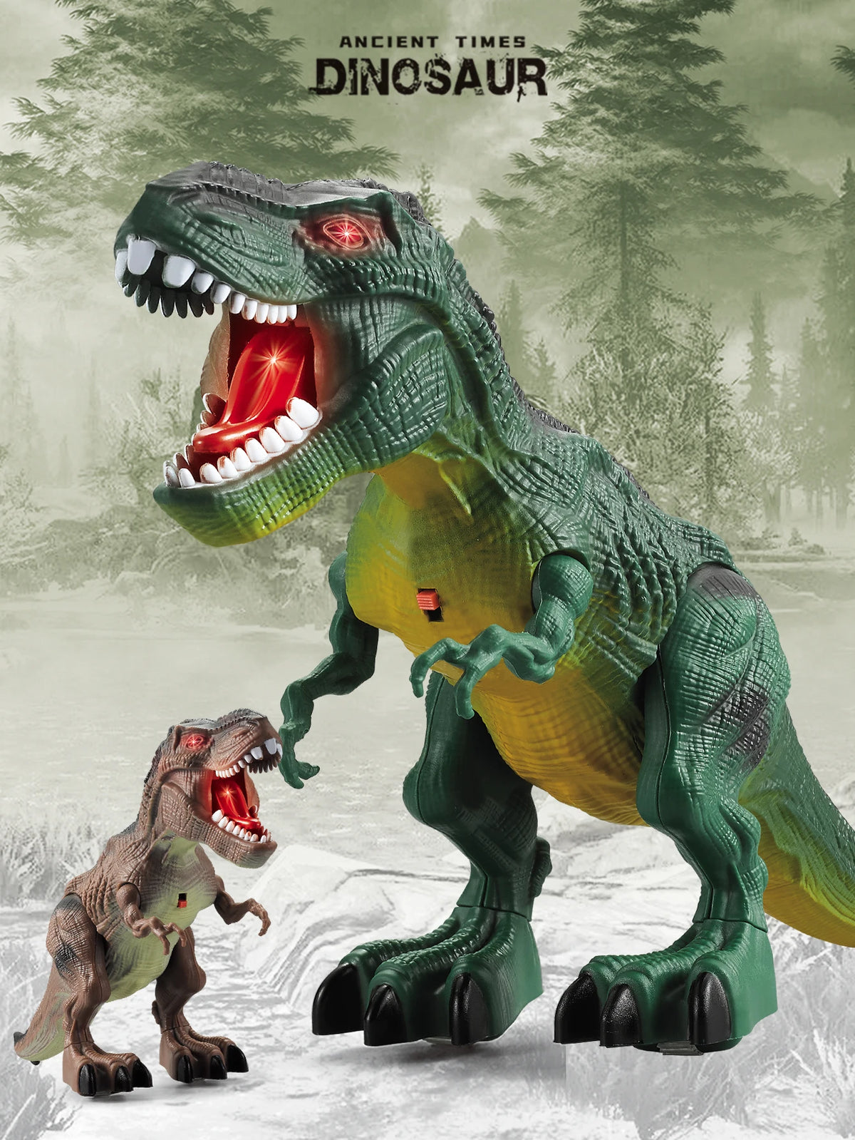 Un robot dinosaure électrique vert marchant jouet debout au-dessus d'un modèle de dinosaure similaire dans un décor de forêt 