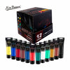 A box of 12 colors of acrylic paint, with several tubes of paint displayed in front.