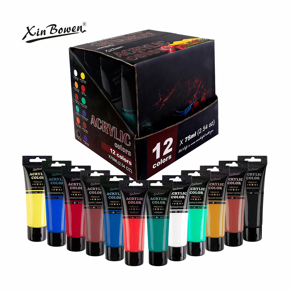 A box of 12 colors of acrylic paint, with several tubes of paint displayed in front.