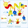 A plush yellow caterpillar hanging toy with colorful accents and a blue bell for baby development.