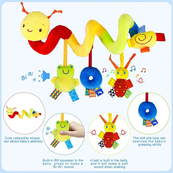 A plush yellow caterpillar hanging toy with colorful accents and a blue bell for baby development.