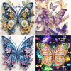 A detailed butterfly art piece created with sparkling diamond painting, featuring vibrant blues, purples, and gold accents.