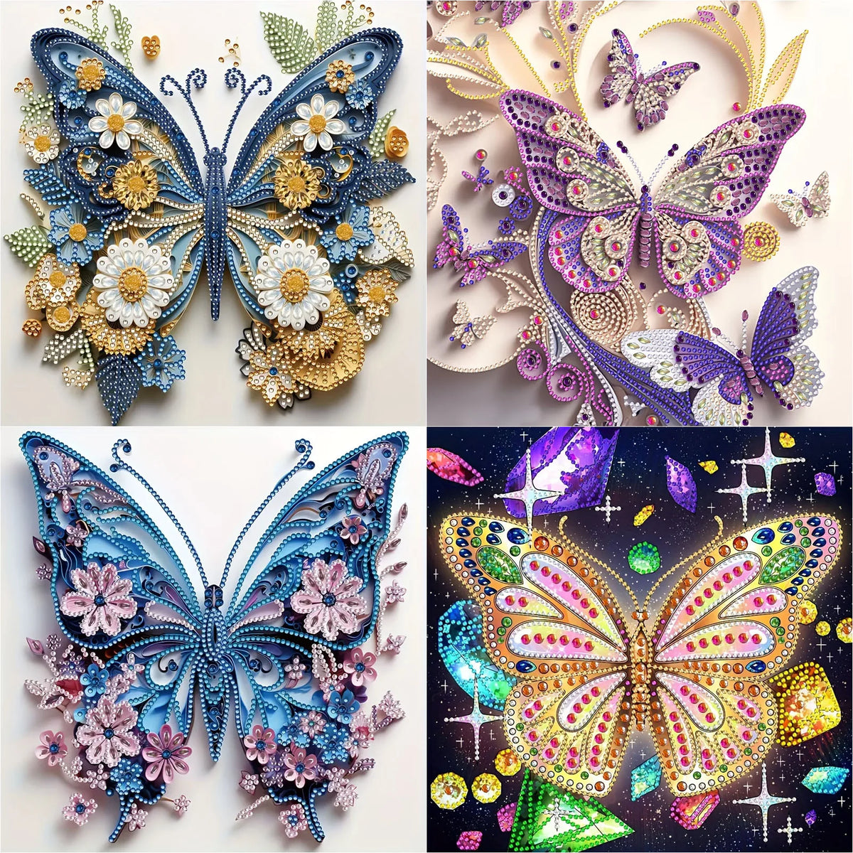 A detailed butterfly art piece created with sparkling diamond painting, featuring vibrant blues, purples, and gold accents.