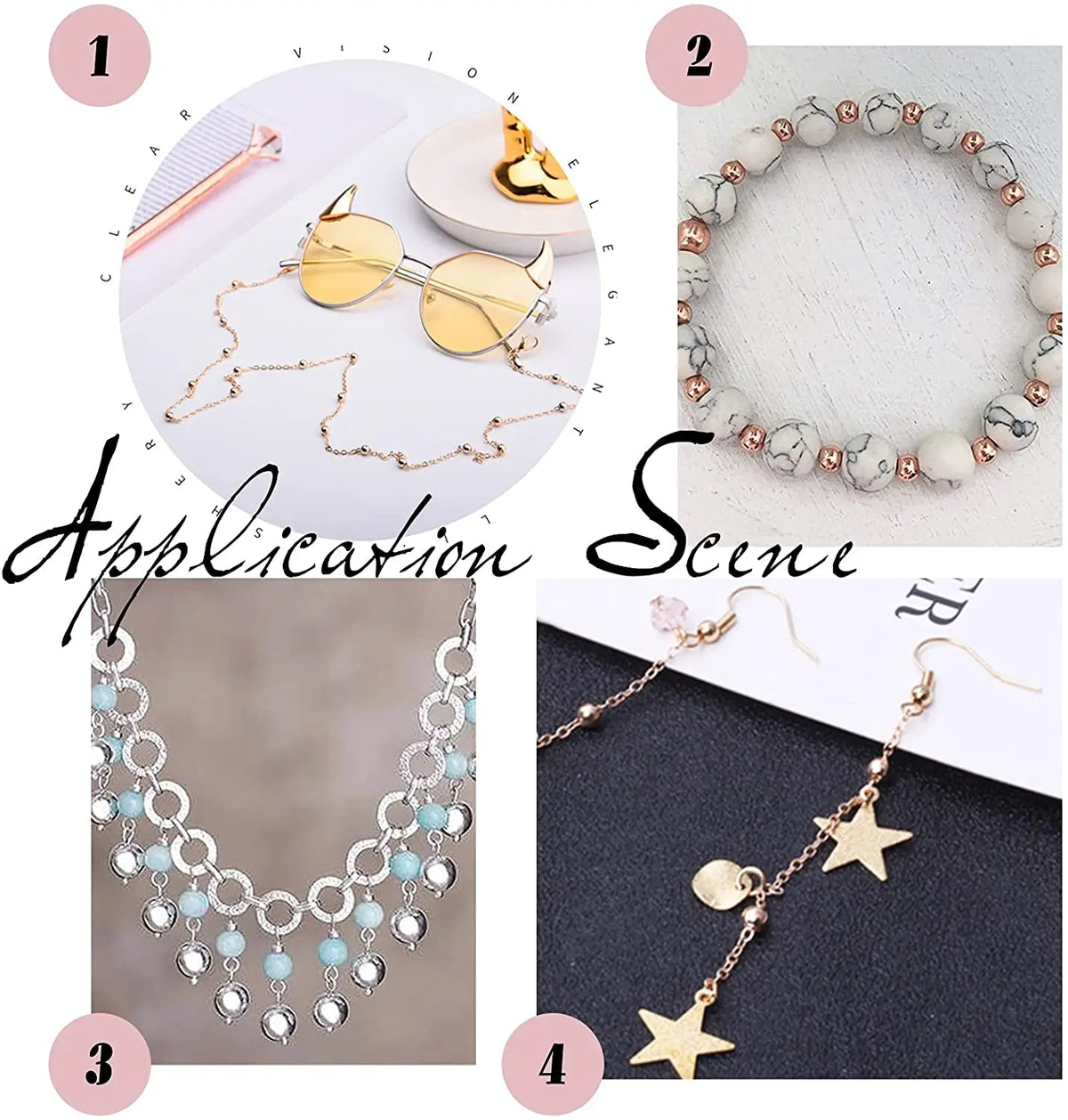 Four images showing various DIY jewelry projects including gold-toned sunglasses, beaded bracelets, and sterling silver neckl