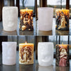 A set of silicone candle molds depicting a witch portrait with skulls and foliage, shown in various white and orange candle f