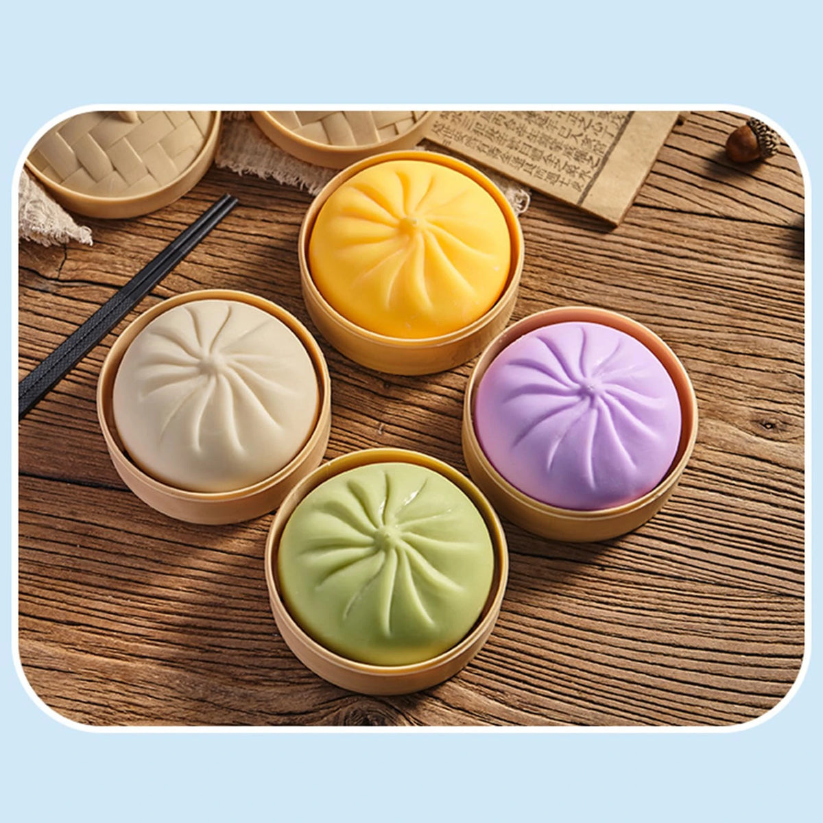 A collection of colorful, squishy bear-shaped stress relief fidget toys in various pastel shades arranged on a wooden surface