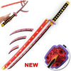 A new Demon Slayer anime katana cosplay sword with a red blade and purple hilt shown diagonally.