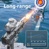 A gray auto-sensor electric water gun is shown firing a powerful stream of water with LED lights into the water.