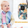 A baby is shown holding a milk bottle next to a portable baby bottle warmer with an insulated travel bag.