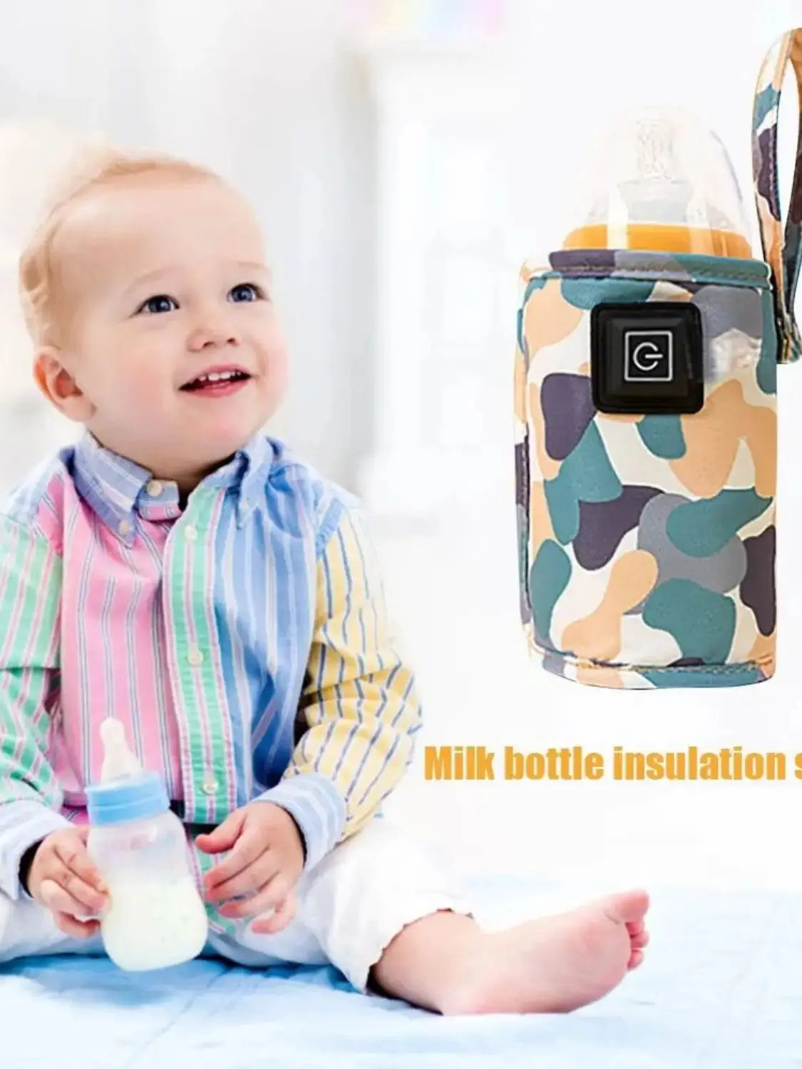 A baby is shown holding a milk bottle next to a portable baby bottle warmer with an insulated travel bag.