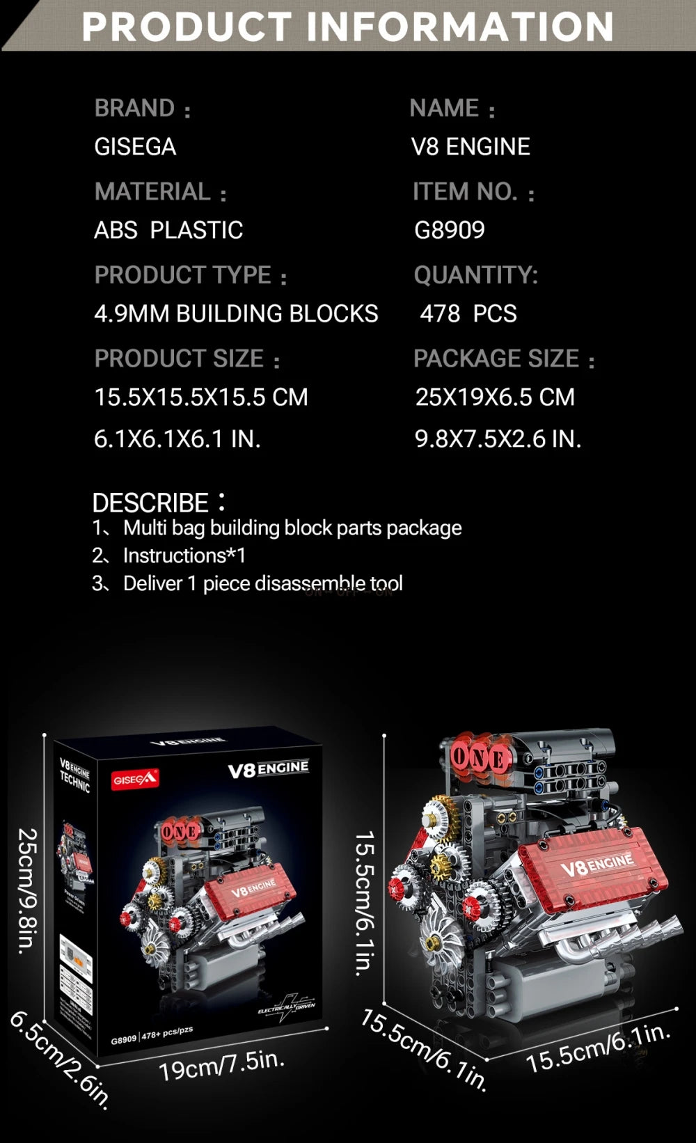 V8 Engine Model Building Kit with Electric Motor – 478 Pieces