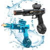 A blue auto-sensor electric water gun with LED lights is shown spraying water in a splash context.