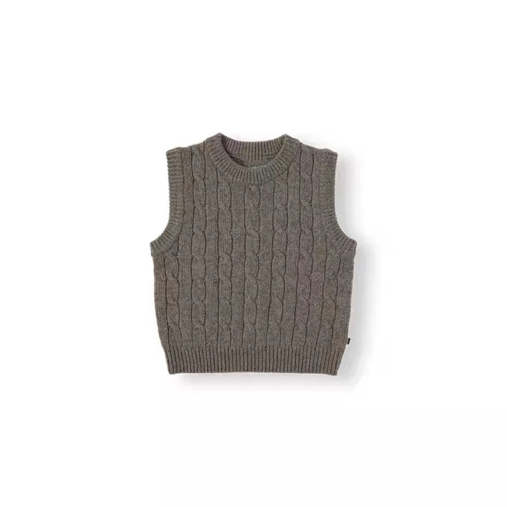 A gray knit sweater and pants set for a toddler.