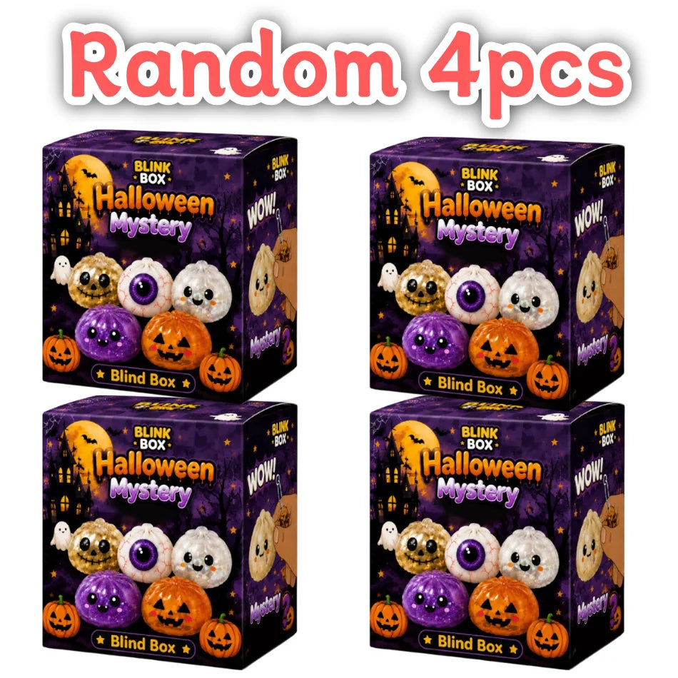 A set of four Halloween mystery squishy stress relief toys in purple and orange packaging.