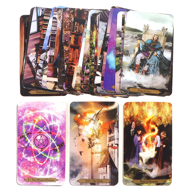 A collection of tarot cards featuring various imagery including The Wheel of Fortune, The Tower, and Three of Pentacles.