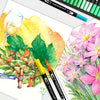 A watercolor painting of pink and yellow flowers with green leaves next to a black dual-tip art marker set.