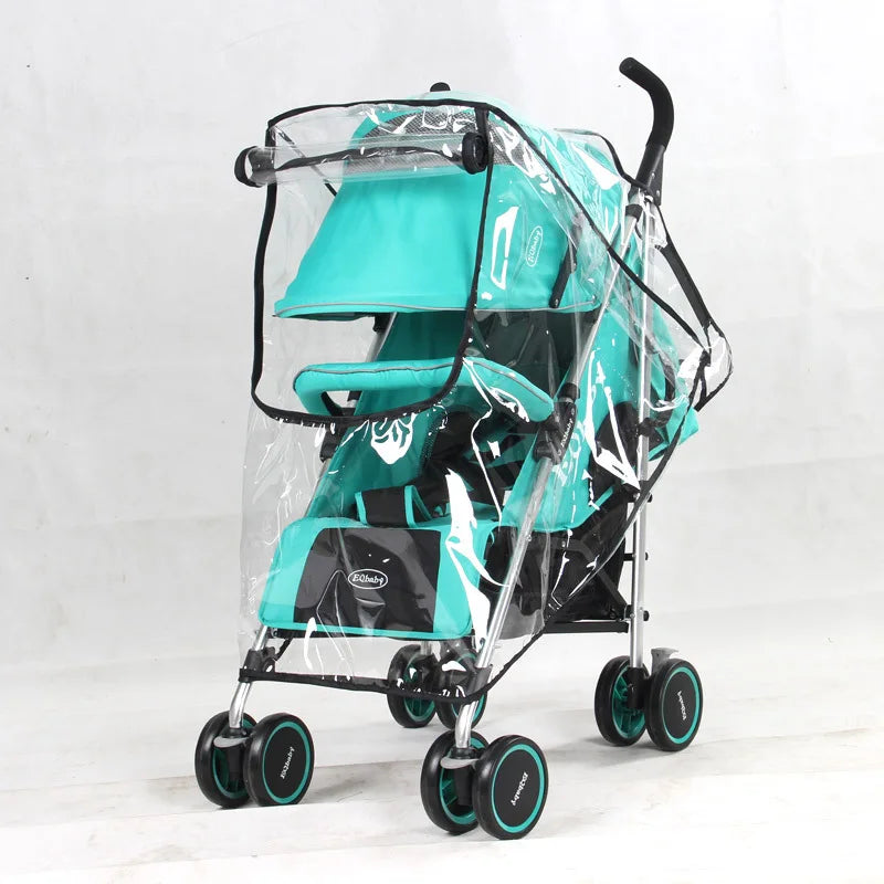 A teal universal stroller rain cover with a clear mesh top is shown on a black stroller frame.