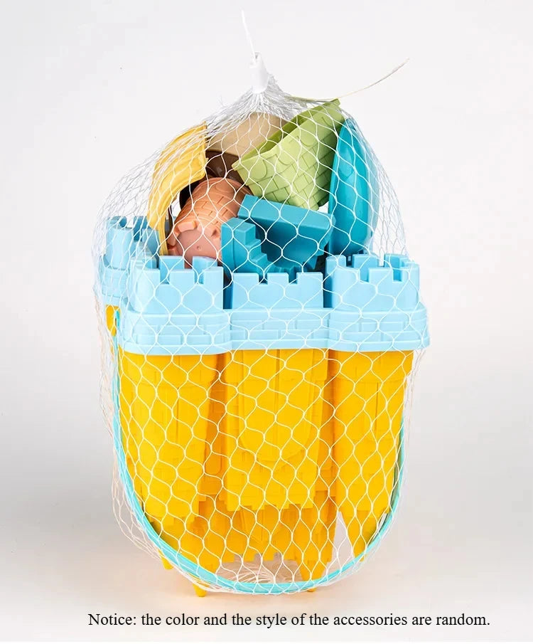 A set of beach castle sand play accessories including a bucket and scoop in yellow and blue colors.