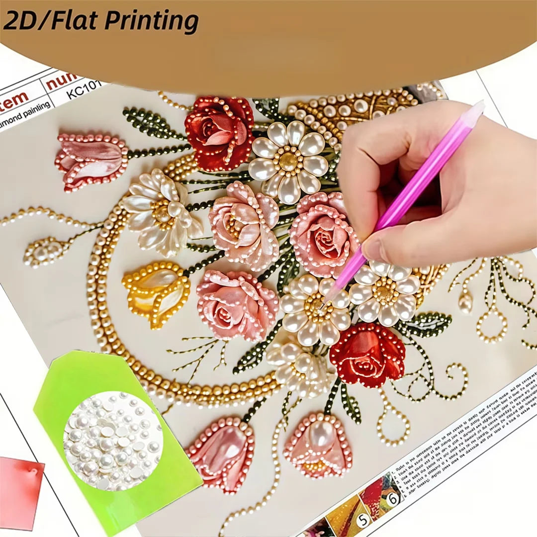 A hand is painting a detailed flower design on a canvas using a diamond painting kit.