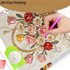 A hand is painting a detailed flower design on a white canvas using a diamond painting kit.
