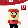 A yellow plush rabbit toy with a red shirt and head covering, featuring a smiling face and a small orange detail.