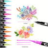 A set of dual-tip art markers featuring various colors and a flexible brush, displayed alongside floral illustrations.