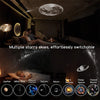 A display of various starry skies projected onto a dark room, showing different celestial bodies like Jupiter, Milky Way, Sat
