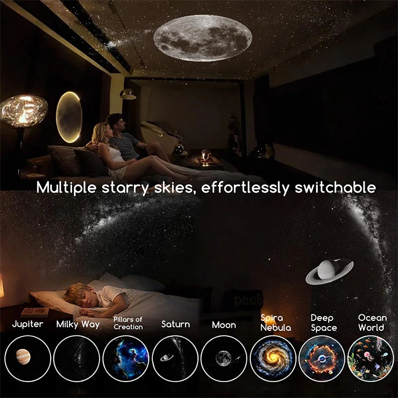 A display of various starry skies projected onto a dark room, showing different celestial bodies like Jupiter, Milky Way, Sat