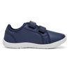 Navy blue kids barefoot sneakers with double hook-and-loop straps shown from the side.