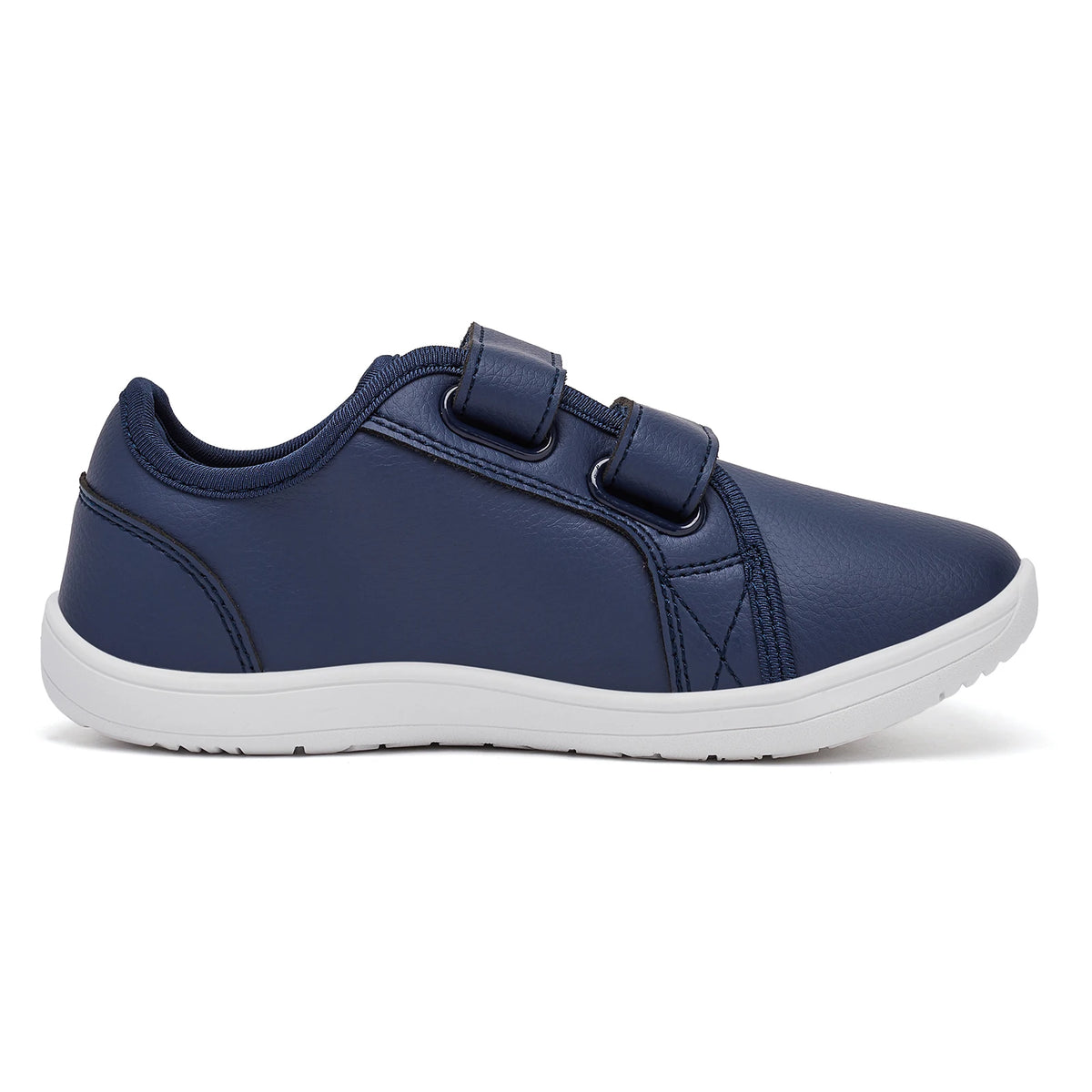 Navy blue kids barefoot sneakers with double hook-and-loop straps shown from the side.