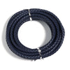 A coil of dark blue braided leather cord used for jewelry making and DIY crafts.