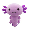 A soft purple axolotl plush toy with pink gills and a smiling face.