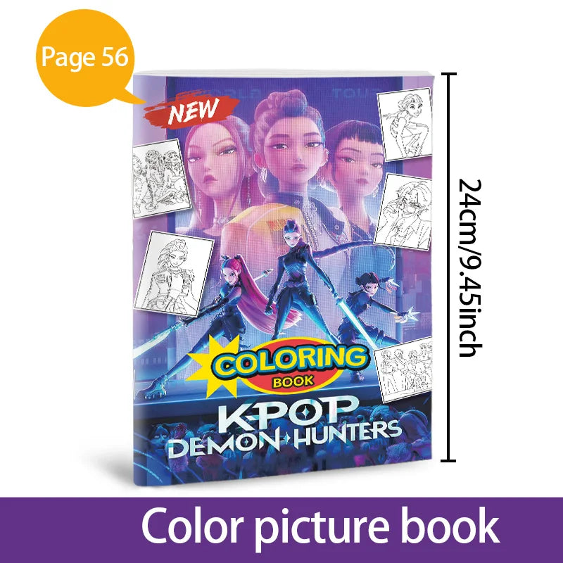A new coloring book featuring Kpop Demon Hunters characters, including Lumi, Mila, and Zoi.