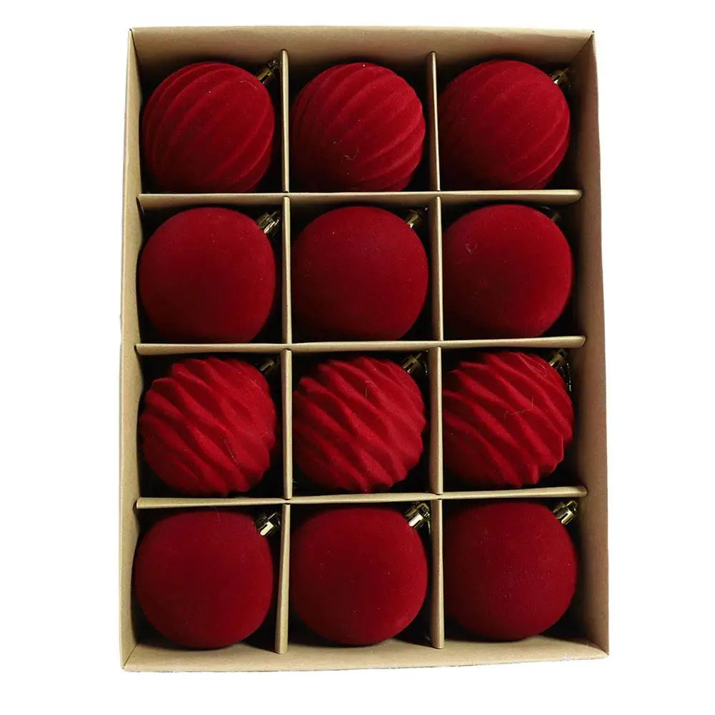 Set of 12 Velvet Flocked Christmas Tree Ornaments in Green