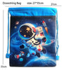 A blue drawstring bag featuring an outer space astronaut design against a dark blue cosmic background.
