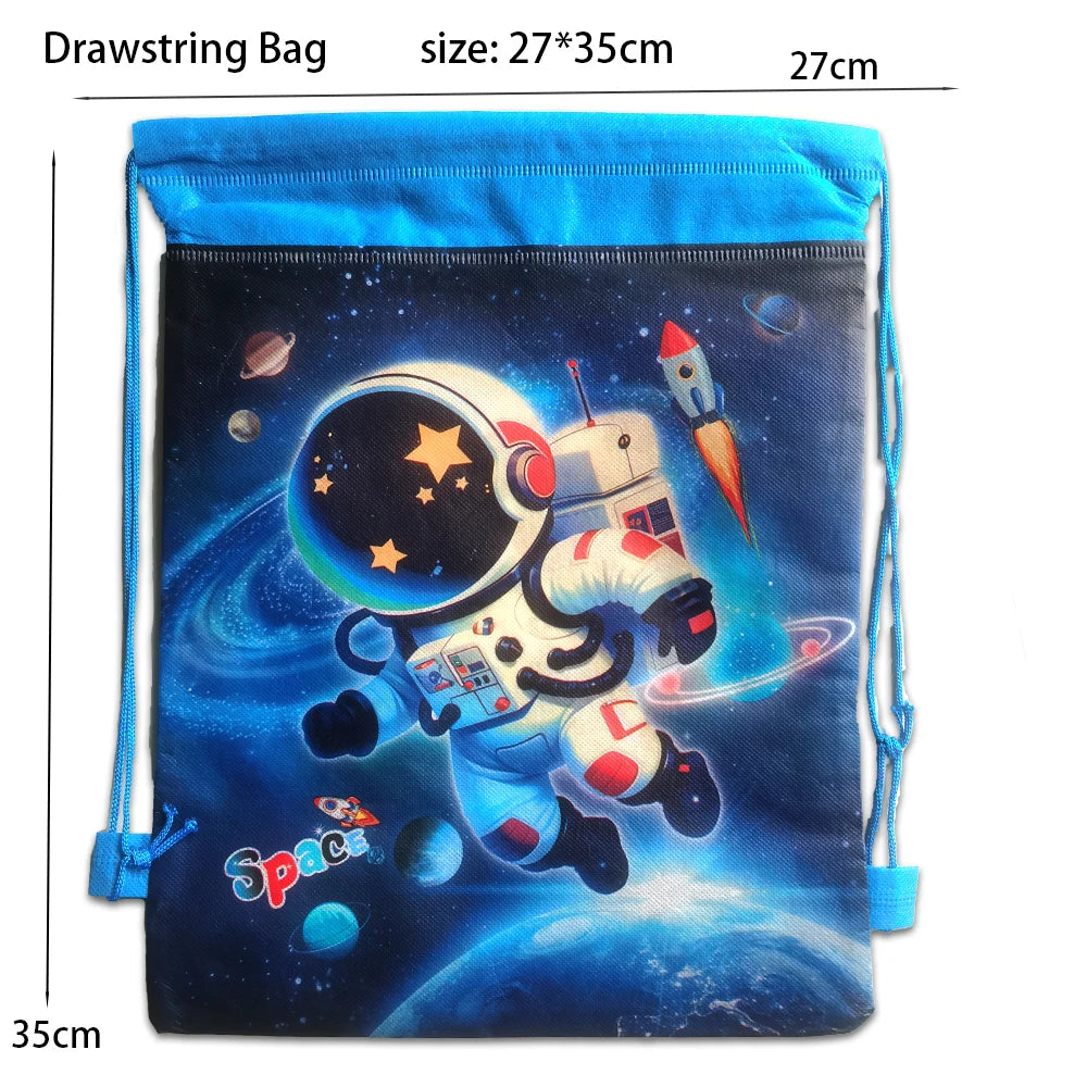 A blue drawstring bag featuring an outer space astronaut design against a dark blue cosmic background.