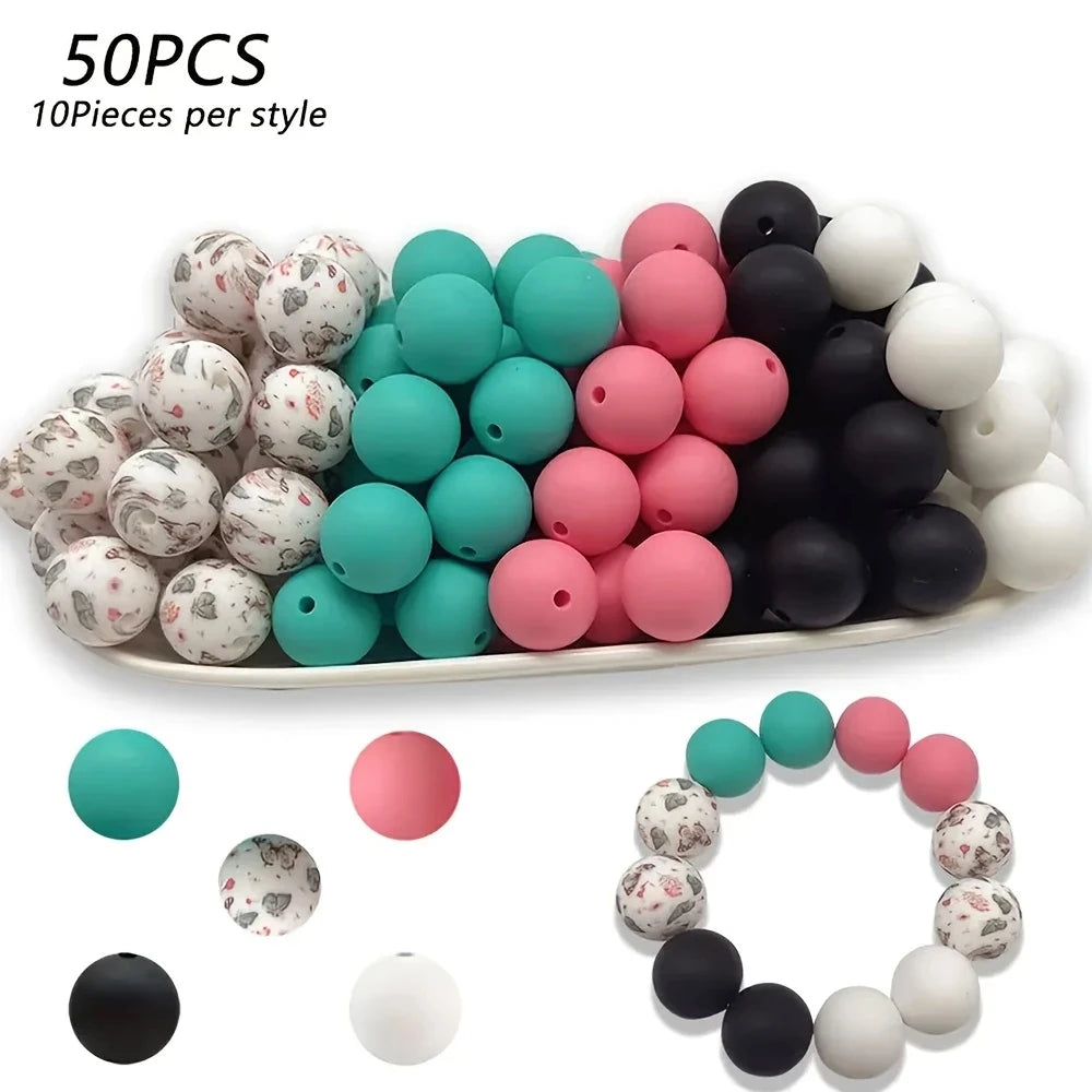 50 pieces of 15mm silicone floral beads in various colors and finishes for DIY jewelry making