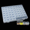 A clear plastic storage box with multiple compartments filled with colorful craft supplies.