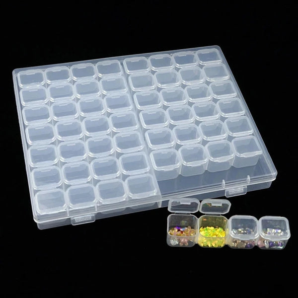 A clear plastic storage box with multiple compartments filled with colorful craft supplies.