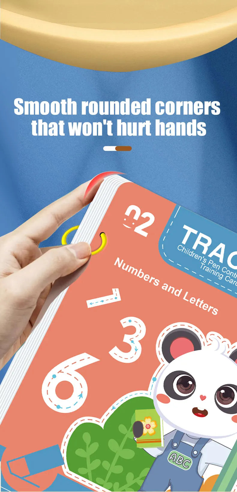 A hand holds a colorful practice book for children's pen control training featuring numbers and letters.