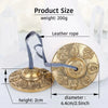A round brass tingsha cymbal with eight auspicious symbols is shown next to a leather rope and product size measurements.