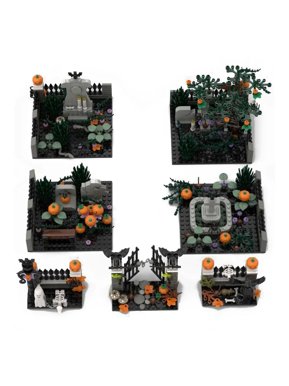 A set of miniature haunted house building blocks featuring various spooky elements like tombs, plants, and decorative figures