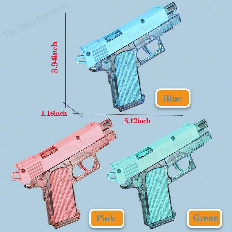 Three pistol water guns in blue, pink, and green are shown against a light background.