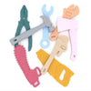 A collection of silicone baby teether toys shaped like various tools, including a hammer, wrench, and screwdriver.